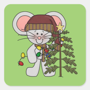 Pegatina Cuadrada Árbol de decoración del ratón navidades