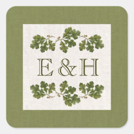 Pegatina Cuadrada Árbol de encino vintage deja Boda de monograma