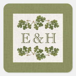 Pegatina Cuadrada Árbol de encino vintage deja Boda de monograma