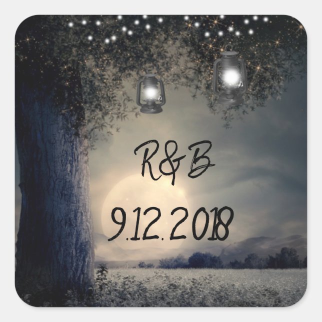 Pegatina Cuadrada Arbol de farolillos iluminado por Boda de luna lle (Anverso)
