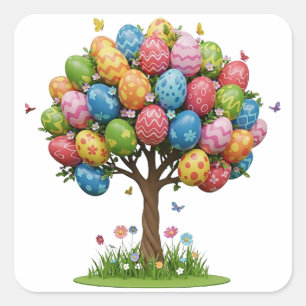 PEGATINA CUADRADA ÁRBOL DE HUEVOS DE PASCUA