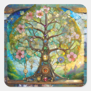 Pegatina Cuadrada Árbol de la Vida Florido de 7 Chakras