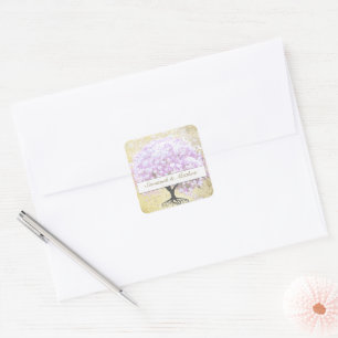 Pegatina Cuadrada Árbol de lavanda de hoja de corazón Boda vintage p
