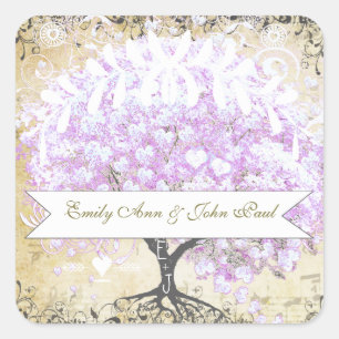 Pegatina Cuadrada Árbol de lavanda de hoja de corazón Boda vintage p