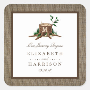 Pegatina Cuadrada Árbol de monograma rústico y Boda Burlap