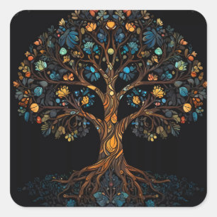 Pegatina Cuadrada Árbol de mosaico de vidrio teñido