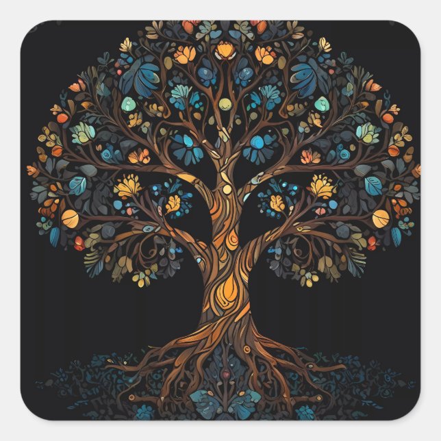 Pegatina Cuadrada Árbol de mosaico de vidrio teñido (Anverso)