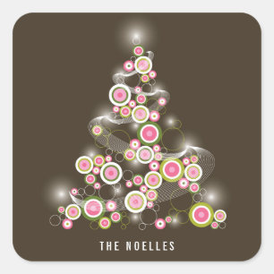 Pegatina Cuadrada Árbol de Navidad abstracto con círculos rosa brill