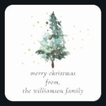 Pegatina Cuadrada Árbol de Navidad acuarela con manchas de oro<br><div class="desc">Desee a sus amigos o familia una Feliz Navidad con este elegante y minimalista acuarela árbol de Navidad invernal rodeado de destellos de pegatina purpurina dorado. El pegatina se sitúa en un fondo blanco para representar una nieve blanca y nítida. El pegatina puede ser personalizado con la inclusión de su...</div>