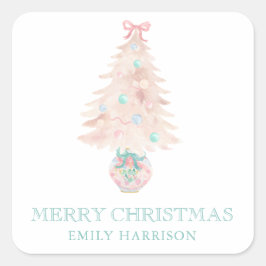 Pegatina Cuadrada Árbol de navidad acuarela granadino rosa