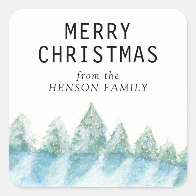 Pegatina Cuadrada Árbol de navidad acuarela nevado artista forestal (Anverso)