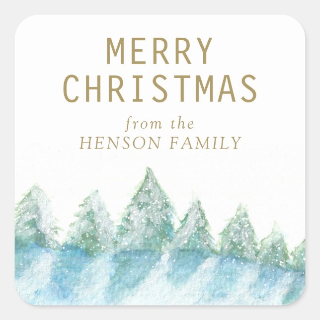 Pegatina Cuadrada Árbol de navidad acuarela nevado artista forestal (Anverso)