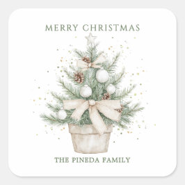 Pegatina Cuadrada Árbol de navidad acuarela rústico