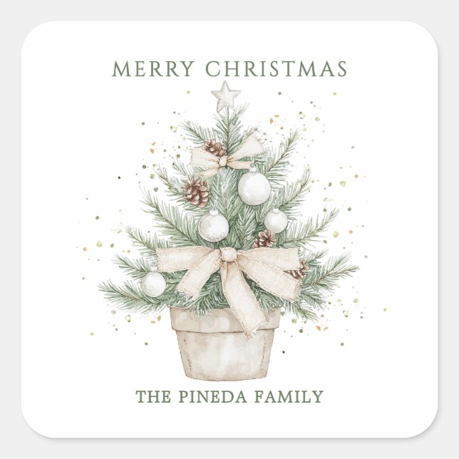 Pegatina Cuadrada Árbol de navidad acuarela rústico (Anverso)