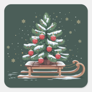 Pegatina Cuadrada Árbol de Navidad Árbol de Navidad Trineo Invierno