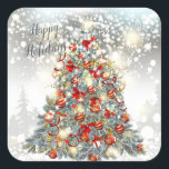 Pegatina Cuadrada Árbol de Navidad, baubles Pegatinas Rectangle<br><div class="desc">Navidades y elegante pegatina de Año Nuevo - Este diseño presenta un ilustracion de árbol de Navidad lujosamente decorado,  lleno de baudias rojas y doradas,  arco y regalos. El fondo es un efecto purpurina plateado.</div>