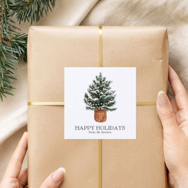 Pegatina Cuadrada Árbol de Navidad Boho Personalizado Felices Fiesta