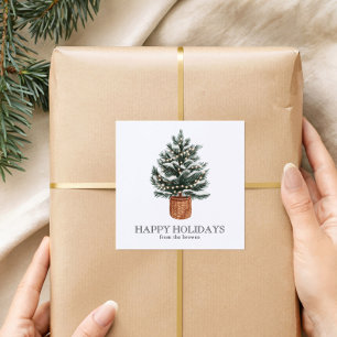 Pegatina Cuadrada Árbol de Navidad Boho Personalizado Felices Fiesta