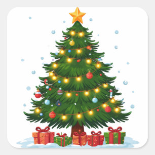 Pegatina Cuadrada Árbol de Navidad brillante con regalos rojos debaj