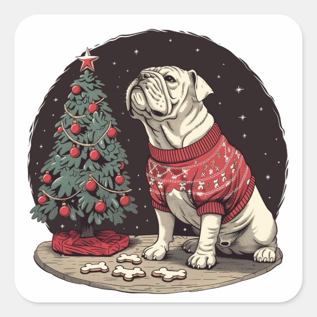 Pegatina Cuadrada Árbol de Navidad Bulldog inglés para navidades (Anverso)