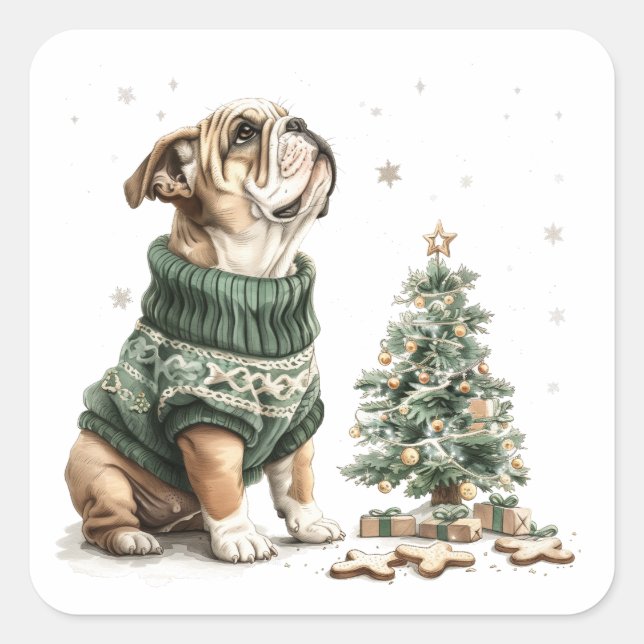 Pegatina Cuadrada Árbol de Navidad Bulldog inglés para navidades (Anverso)