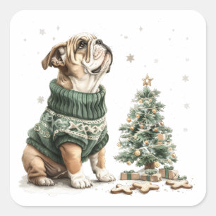 Pegatina Cuadrada Árbol de Navidad Bulldog inglés para navidades