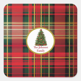 Pegatina Cuadrada Árbol de Navidad clásico revestido rojo y verde