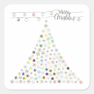 Pegatina Cuadrada Árbol de Navidad colorido de nieve Feliz Fenómeno