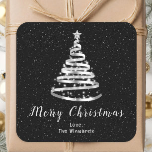 Pegatina Cuadrada Árbol de Navidad con cinta plateada y negra Feliz 