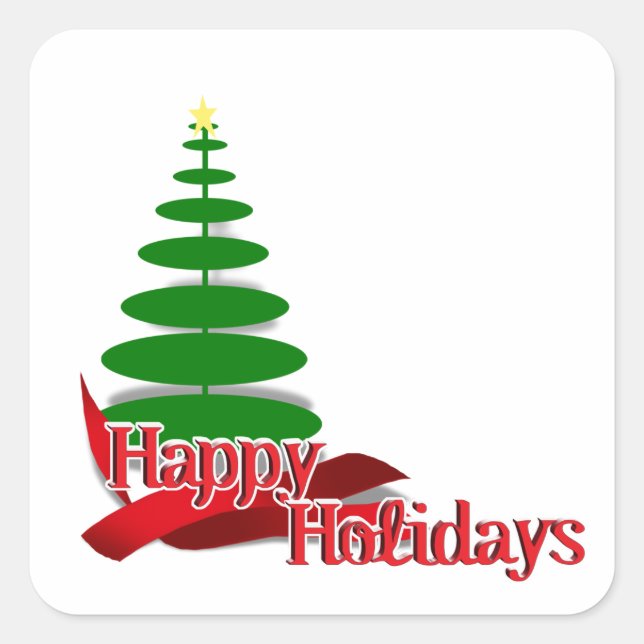 Pegatina Cuadrada Árbol de Navidad con cinta roja (Anverso)