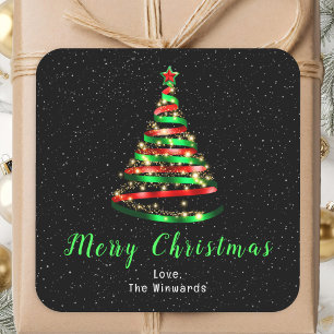 Pegatina Cuadrada Árbol de Navidad con Cinta Roja y Verde Feliz Navi