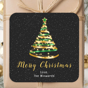 Pegatina Cuadrada Árbol de Navidad con Cinta Verde y Dorada Feliz Na