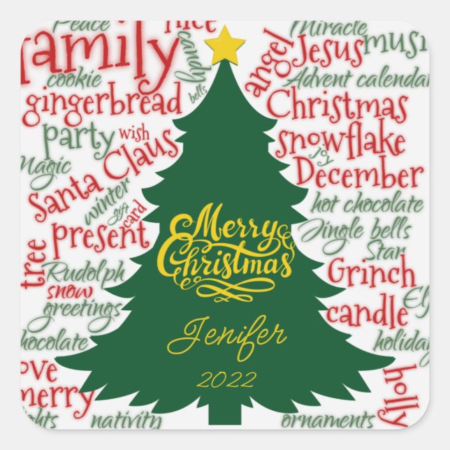Pegatina Cuadrada Árbol de Navidad con el nombre de Gift (Anverso)
