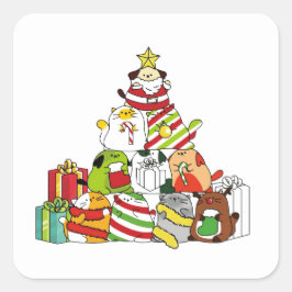Pegatina Cuadrada Árbol de Navidad con gatos y perros