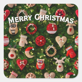 Pegatina Cuadrada Árbol de Navidad con juguetes de fieltro