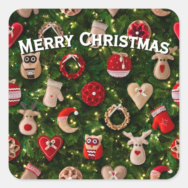 Pegatina Cuadrada Árbol de Navidad con juguetes de fieltro (Anverso)