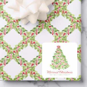 Pegatina Cuadrada Árbol de Navidad con Lazo Rojo Acuarela
