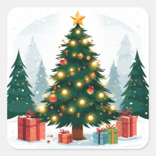 Pegatina Cuadrada Árbol de Navidad con Luces Cálidas