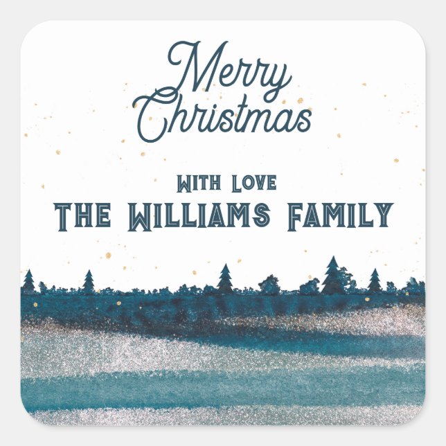 Pegatina Cuadrada Árbol de Navidad con nieve Feliz Navidad (Anverso)