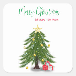 Pegatina Cuadrada Árbol de Navidad con presente rojo