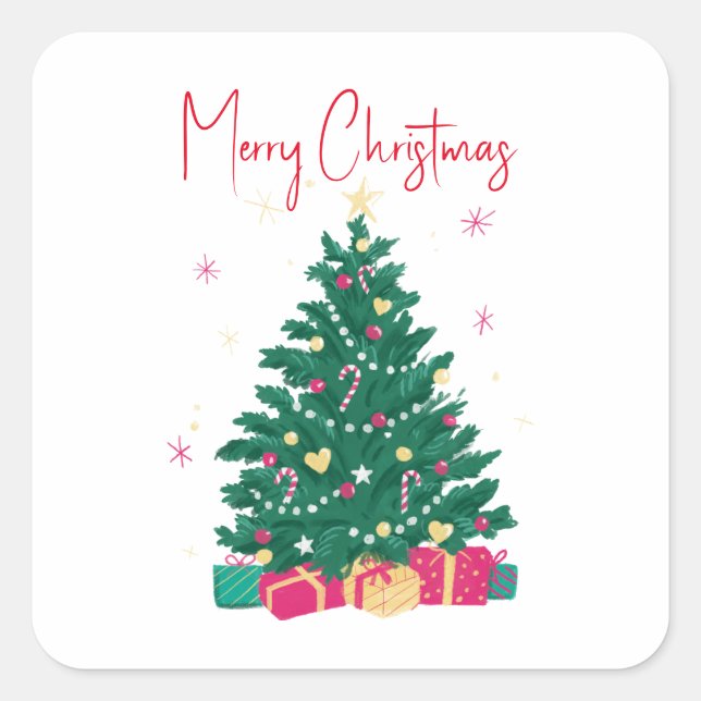 Pegatina Cuadrada Árbol de Navidad con regalos (Anverso)