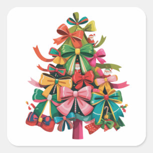 Pegatina Cuadrada Árbol de Navidad Coquette Colorido Preppy Rosa Nav