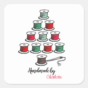 Pegatina Cuadrada Árbol de Navidad Cotton Reel hecho a mano por pape