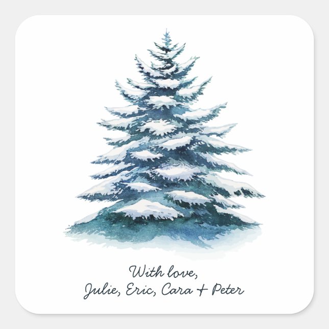 Pegatina Cuadrada Árbol de Navidad cubierto de nieve (Anverso)