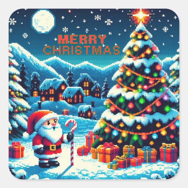 Pegatina Cuadrada Árbol de Navidad de 8 bits y Santa (Anverso)