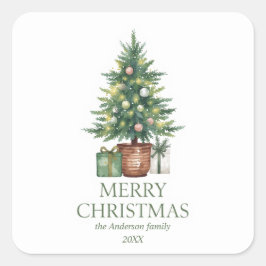 Pegatina Cuadrada Árbol de navidad de acuarela rústica no foto