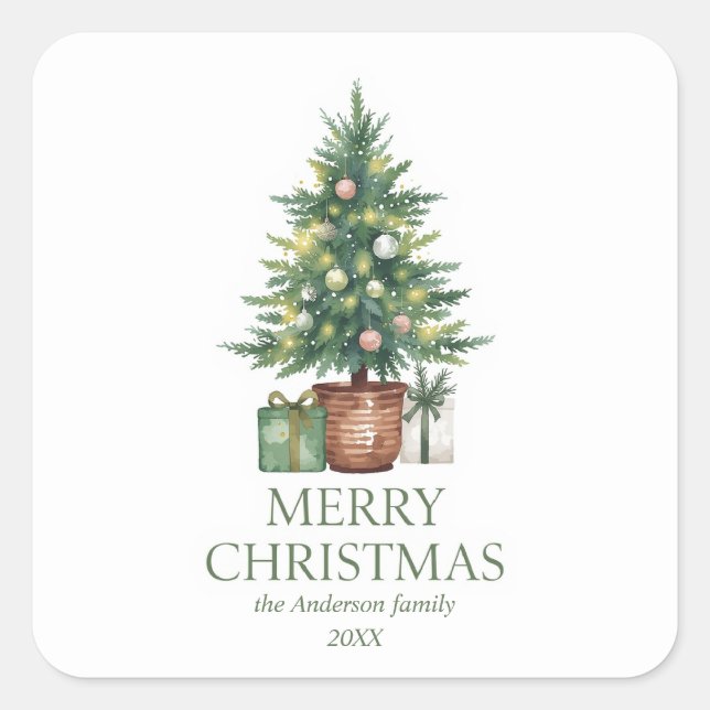 Pegatina Cuadrada Árbol de navidad de acuarela rústica no foto (Anverso)