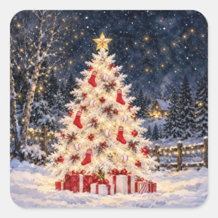 Pegatina Cuadrada Árbol de Navidad de béisbol con calcetines rojos