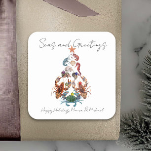 Pegatina Cuadrada Árbol de Navidad de Cangrejo Langosta Crustáceo Ma