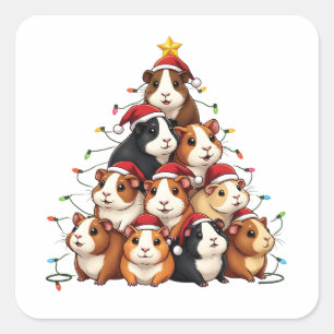 Pegatina Cuadrada Árbol de Navidad de Cerdo de Guinea Feliz Navidad